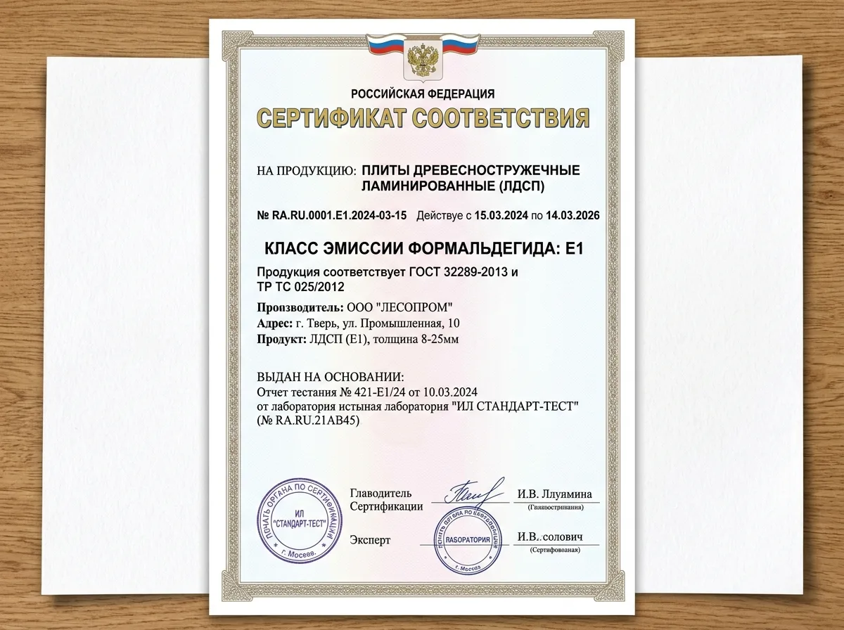 Сертификат соответствия ЛДСП классу эмиссии E1 — документ с печатью испытательной лаборатории, белый фон, официальный бланк